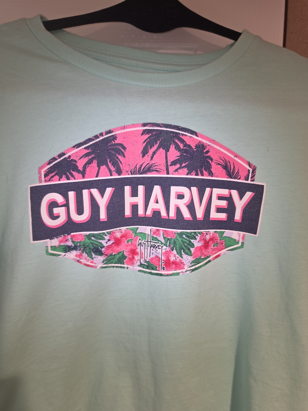 Guy Harvey Woman Mint Green Short-Sleeve Tee with Pink & Navy Graphic
